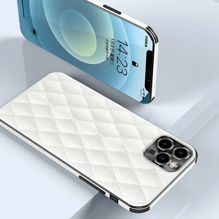 Pour Iphone 12 Pro Max 6,7 Pouces à L'épreuve de Poussière PU Leather + Tpu Couverture de Téléphone Portable Tprack Rhombus Texture Tempel - Blanche