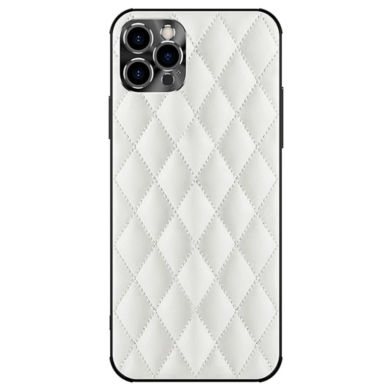 For iPhone 12 Pro 6.1 inch Shockproof PU Leather+TPU Phone Cover Anti-scratch Rhombus Texture Stitching Decor Mobile Phone Case - White