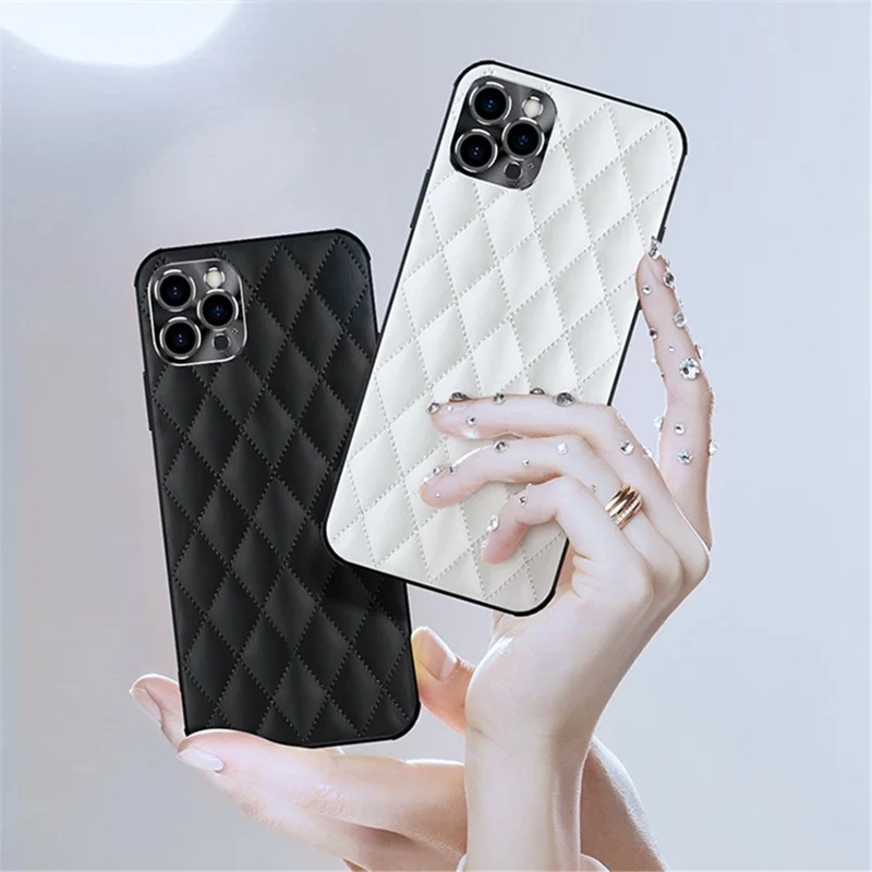 For iPhone 12 Pro 6.1 inch Shockproof PU Leather+TPU Phone Cover Anti-scratch Rhombus Texture Stitching Decor Mobile Phone Case - White