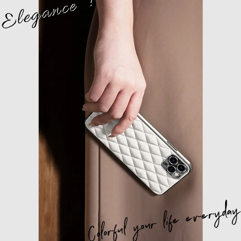 Phone Case for iPhone 13 Pro Max 6.7 inch, Shockproof PU Leather+TPU Anti-scratch Rhombus Texture Phone Cover Shell - White