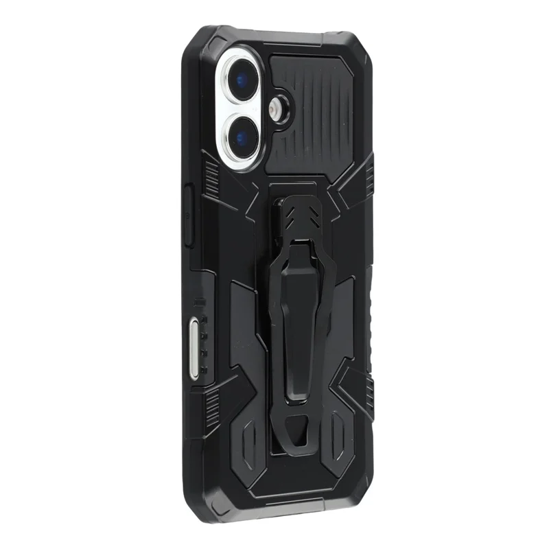 For iPhone 16 Case with Kickstand Belt Clip Design TPU + PC Phone Back Cover - Black