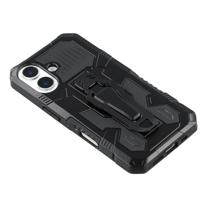 For iPhone 16 Case with Kickstand Belt Clip Design TPU + PC Phone Back Cover - Black