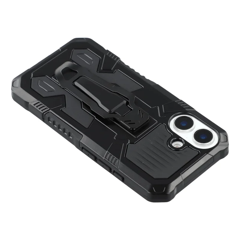 For iPhone 16 Case with Kickstand Belt Clip Design TPU + PC Phone Back Cover - Black
