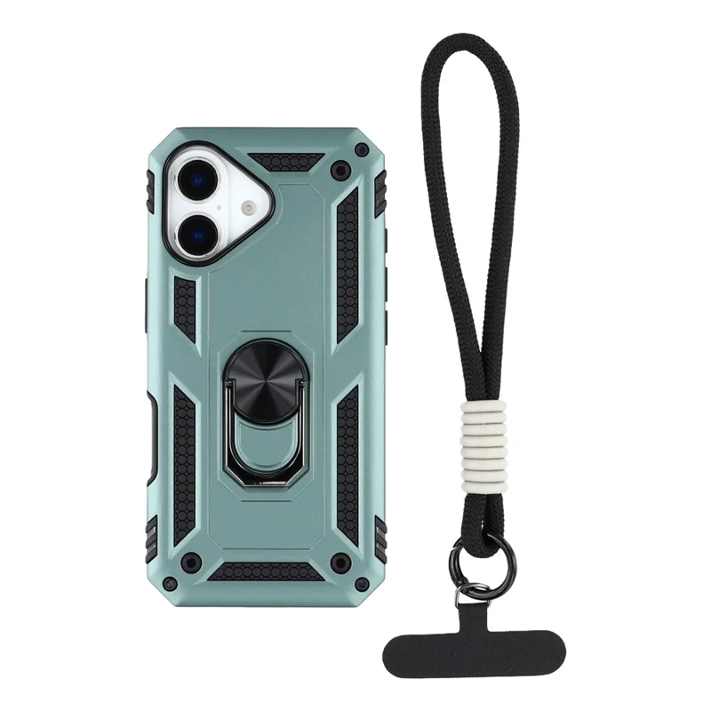 Funda para iPhone 17 con correa para la muñeca, soporte y cubierta de teléfono de PC + TPU - Verde negruzco