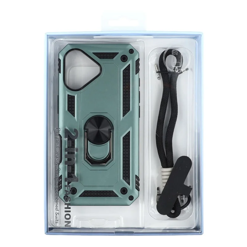 Funda para iPhone 17 con correa para la muñeca, soporte y cubierta de teléfono de PC + TPU - Verde negruzco