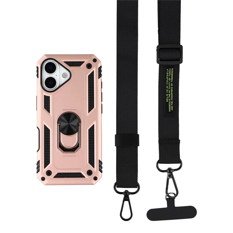 For iPhone 17 Case with Shoulder Strap Kickstand PC + TPU Phone Cover - Rose Gold