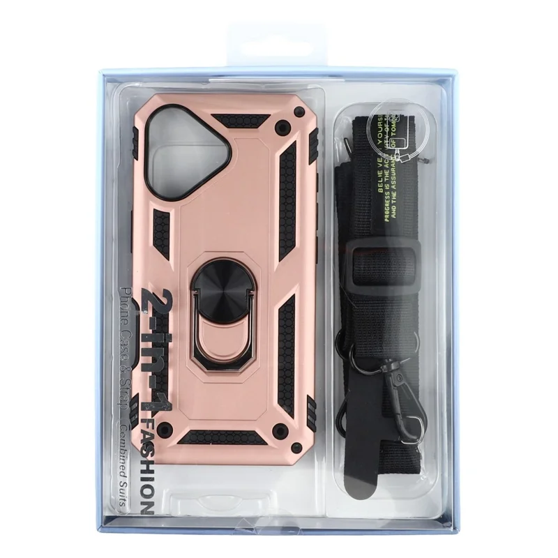 For iPhone 17 Case with Shoulder Strap Kickstand PC + TPU Phone Cover - Rose Gold