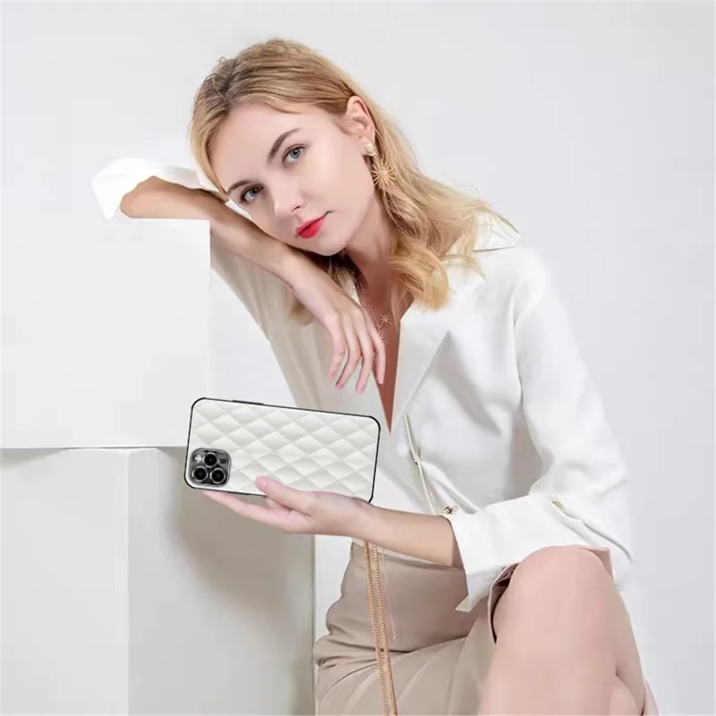 For iPhone 14 Pro Fine Stitching Rhombus Texture PU Leather+TPU Cell Phone Shell Cover Anti-scratch Phone Case - White