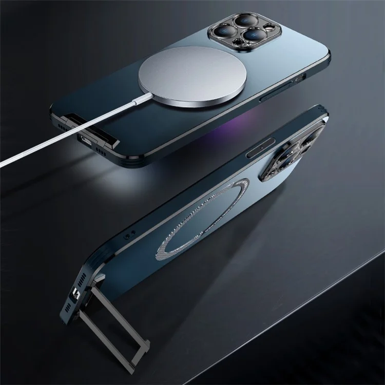 For iPhone 14 Pro Aluminum Alloy+TPU+PC Phone Cover Hidden Kickstand Anti-scratch Phone Case Compatible with MagSafe - Blue