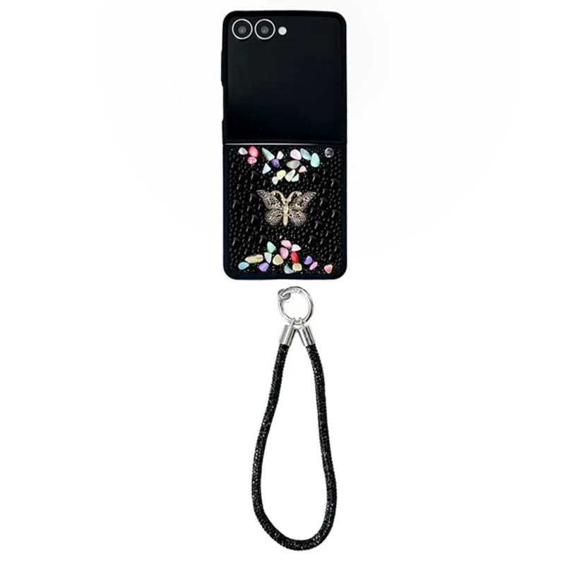 Funda para Samsung Galaxy Z Flip7 5G con Correa de Mano, Decoración de Mariposa con Strass de Colores, Carcasa Protectora de PC - Negro