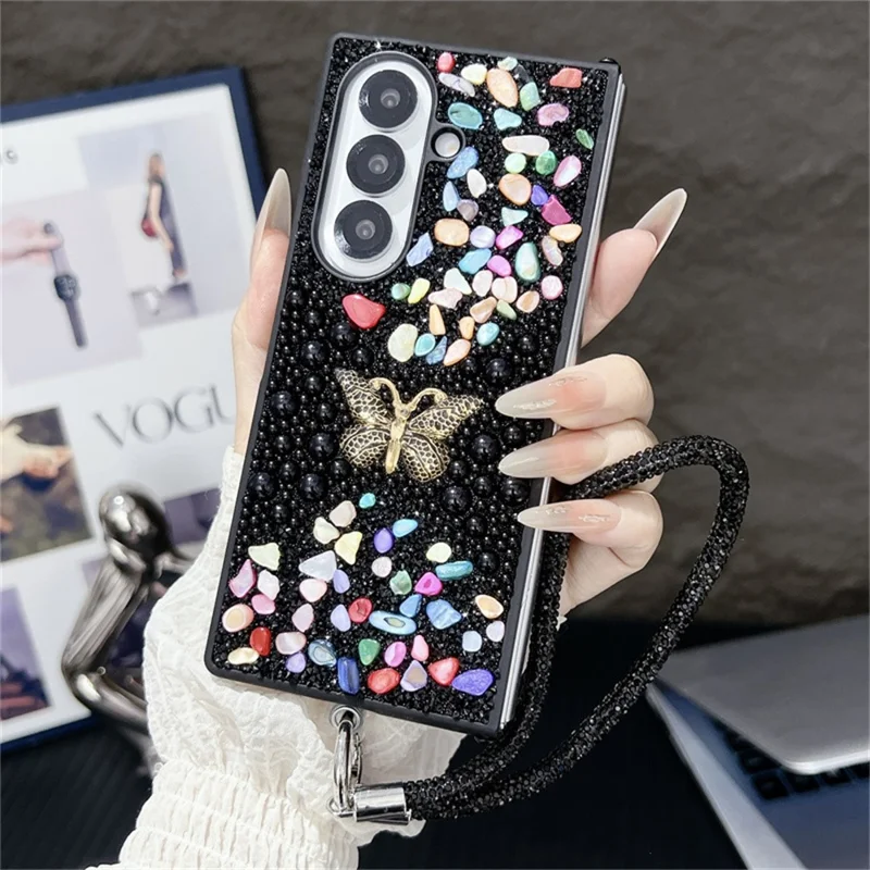 For Samsung Galaxy Z Fold7 5G Phone Case with Hand Strap Colorful Rhinestone Butterfly Decor PC Mobile Cover - Black