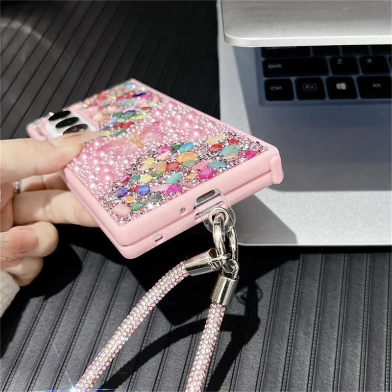For Samsung Galaxy Z Fold7 5G Phone Case with Hand Strap Colorful Rhinestone Butterfly Decor PC Mobile Cover - Black