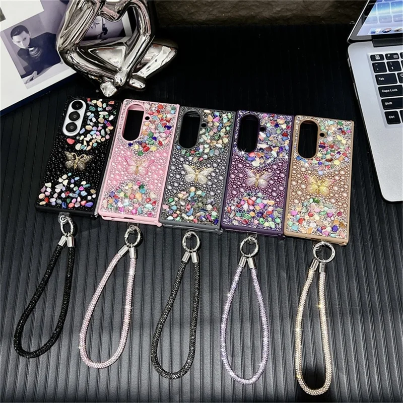 For Samsung Galaxy Z Fold7 5G Phone Case with Hand Strap Colorful Rhinestone Butterfly Decor PC Mobile Cover - Black