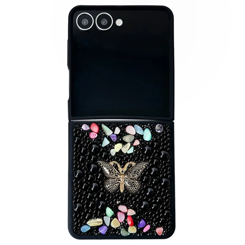 Funda de teléfono PC para Samsung Galaxy Z Flip7 5G con Decoración de Mariposa de Strass de Colores - Negro
