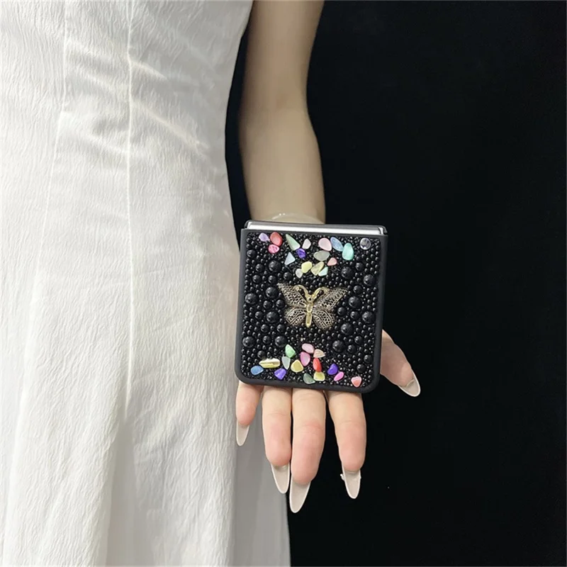 Funda de teléfono PC para Samsung Galaxy Z Flip7 5G con Decoración de Mariposa de Strass de Colores - Negro