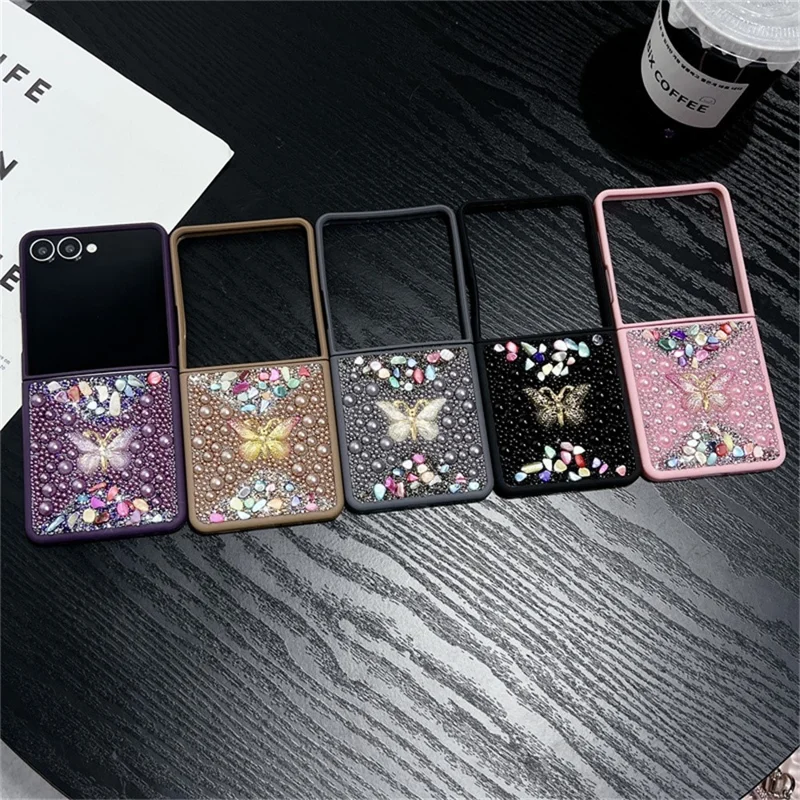 Funda de teléfono PC para Samsung Galaxy Z Flip7 5G con Decoración de Mariposa de Strass de Colores - Negro