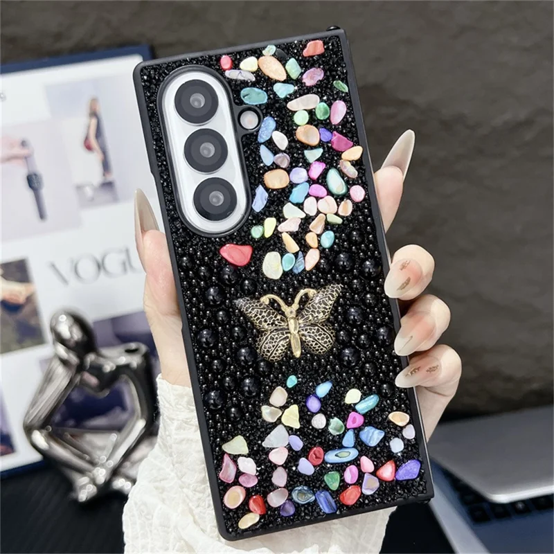 For Samsung Galaxy Z Fold7 5G PC Phone Case Colorful Rhinestone Butterfly Decor Mobile Cover - Black