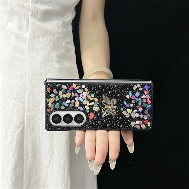 For Samsung Galaxy Z Fold7 5G PC Phone Case Colorful Rhinestone Butterfly Decor Mobile Cover - Black