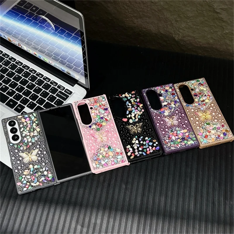 For Samsung Galaxy Z Fold7 5G PC Phone Case Colorful Rhinestone Butterfly Decor Mobile Cover - Black