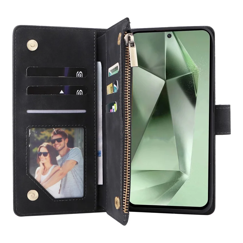 For Samsung Galaxy S25 FE Case Zipper Wallet Multiple Card Slots Leather Phone Cover with Wrist Strap
