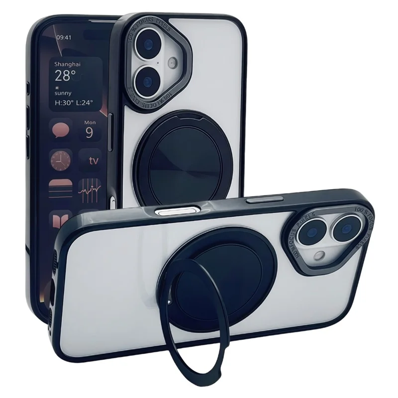 For iPhone 16 Magnetic Case Acrylic TPU Phone Back Cover with Kickstand - Black