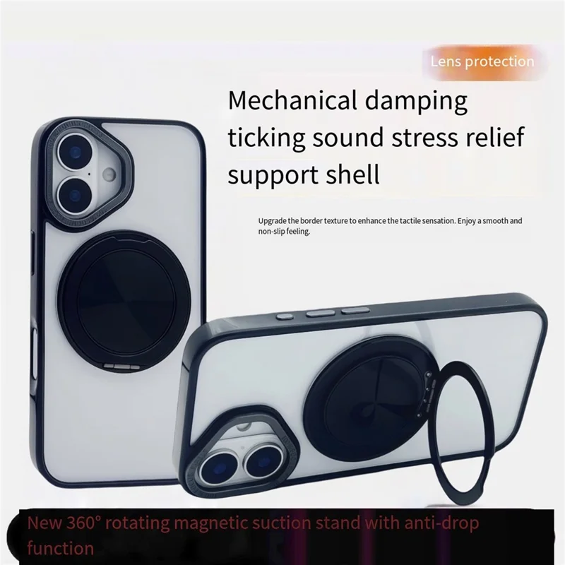 For iPhone 16 Magnetic Case Acrylic TPU Phone Back Cover with Kickstand - Black