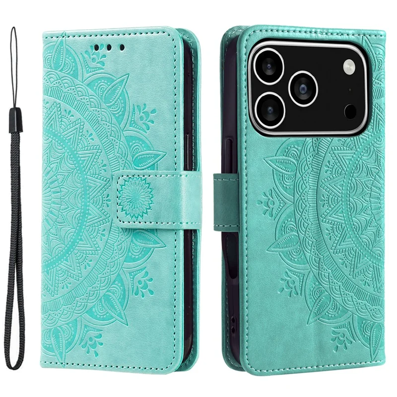 For iPhone 17 Pro Stand Case Imprinted Totem PU Leather Wallet Phone Cover with Wrist Strap - Mint Green
