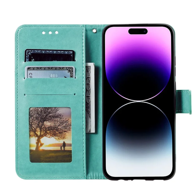 For iPhone 17 Pro Stand Case Imprinted Totem PU Leather Wallet Phone Cover with Wrist Strap - Mint Green