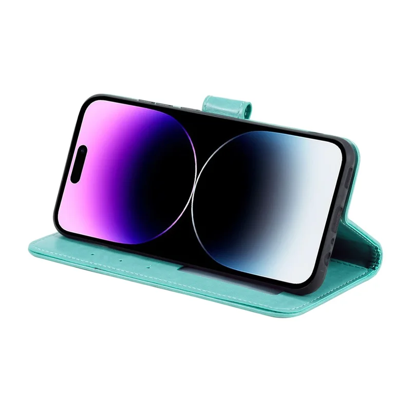 For iPhone 17 Pro Stand Case Imprinted Totem PU Leather Wallet Phone Cover with Wrist Strap - Mint Green