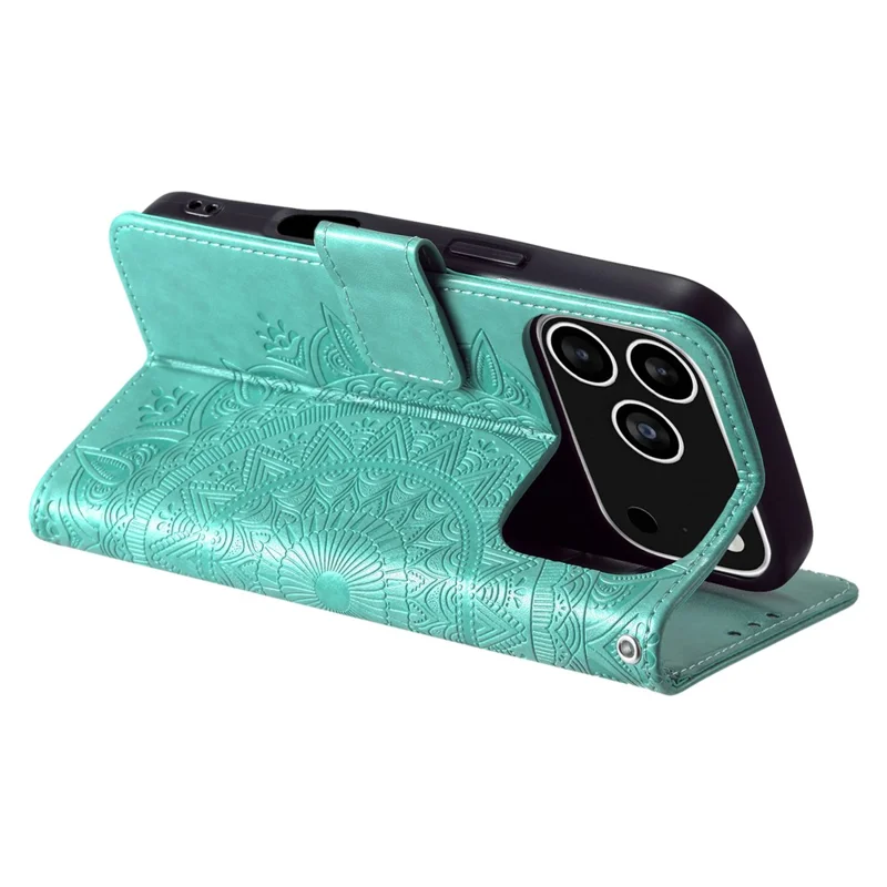 For iPhone 17 Pro Stand Case Imprinted Totem PU Leather Wallet Phone Cover with Wrist Strap - Mint Green