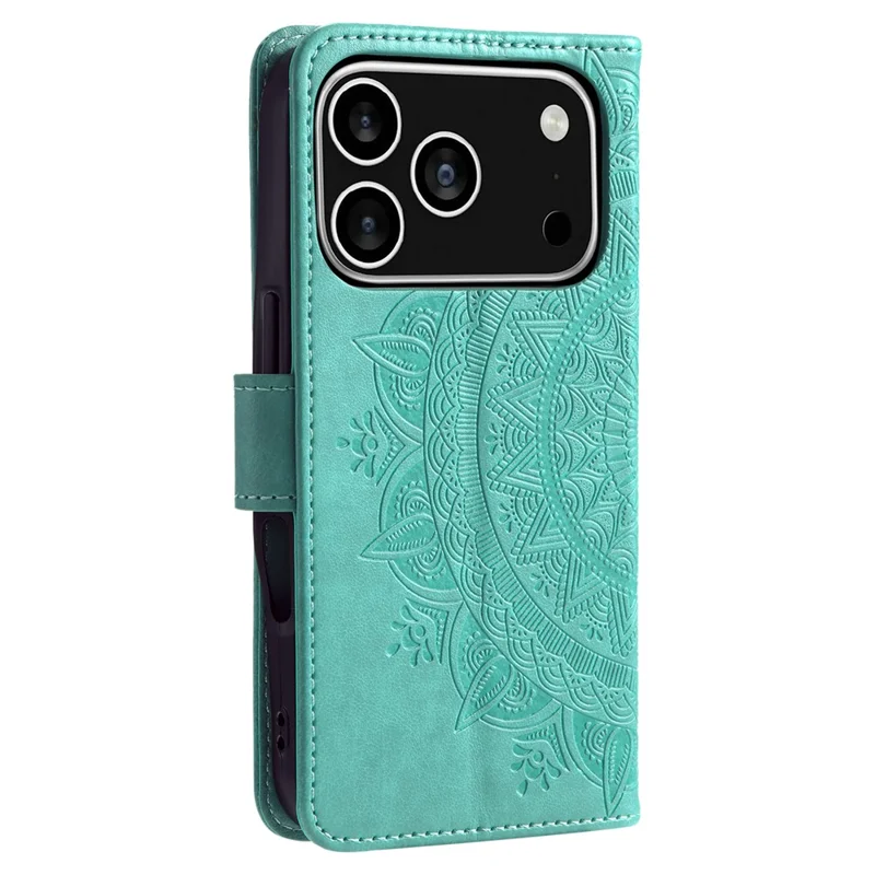 For iPhone 17 Pro Stand Case Imprinted Totem PU Leather Wallet Phone Cover with Wrist Strap - Mint Green