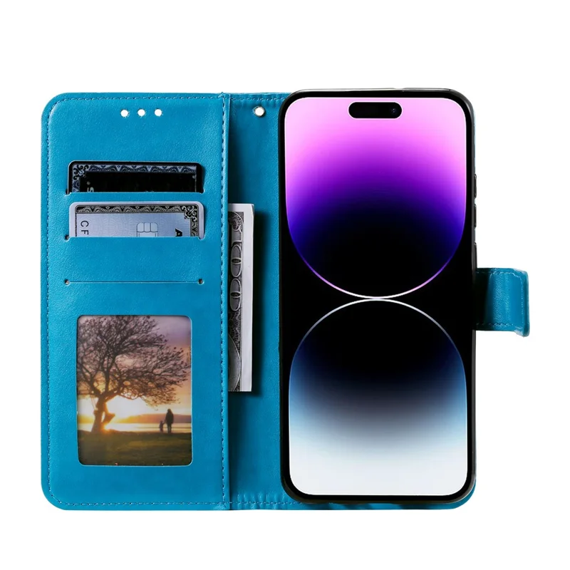 For iPhone 17 Pro Max Stand Case Imprinted Totem PU Leather Wallet Phone Cover with Wrist Strap - Blue