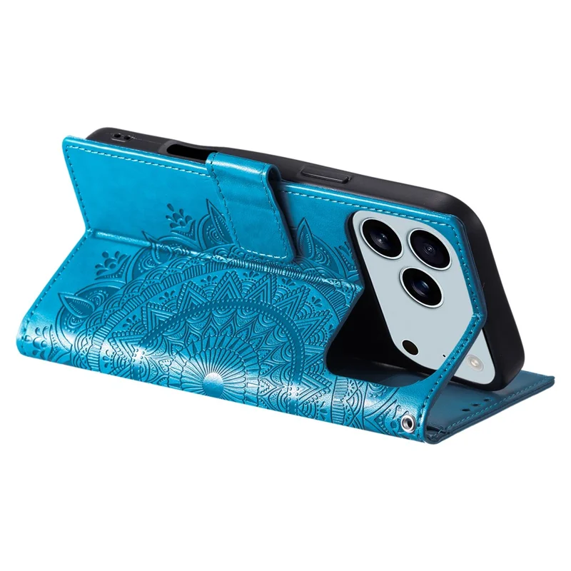 For iPhone 17 Pro Max Stand Case Imprinted Totem PU Leather Wallet Phone Cover with Wrist Strap - Blue