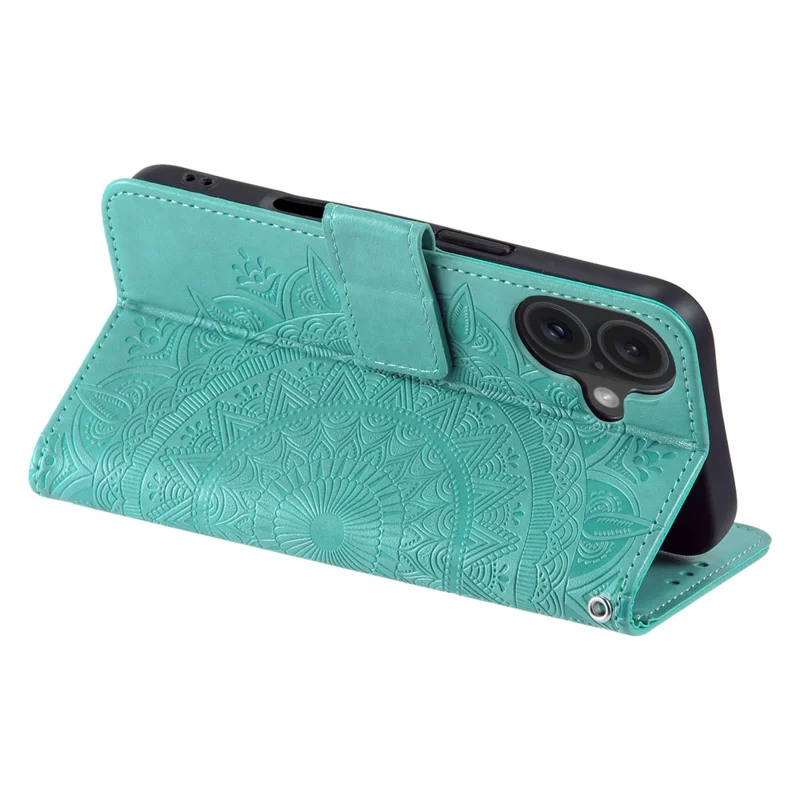 Custodia a supporto per iPhone 17 con Totem impresso, Cover Portafoglio in Pelle PU con Cinturino da Polso - Verde Menta