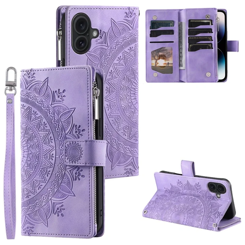 For iPhone 17 Wallet Case Mandala Flower Pattern PU Leather Phone Cover with Wrist Strap - Purple