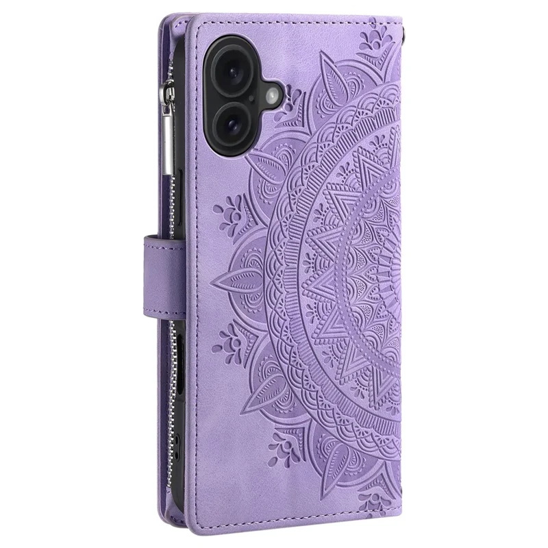 For iPhone 17 Wallet Case Mandala Flower Pattern PU Leather Phone Cover with Wrist Strap - Purple