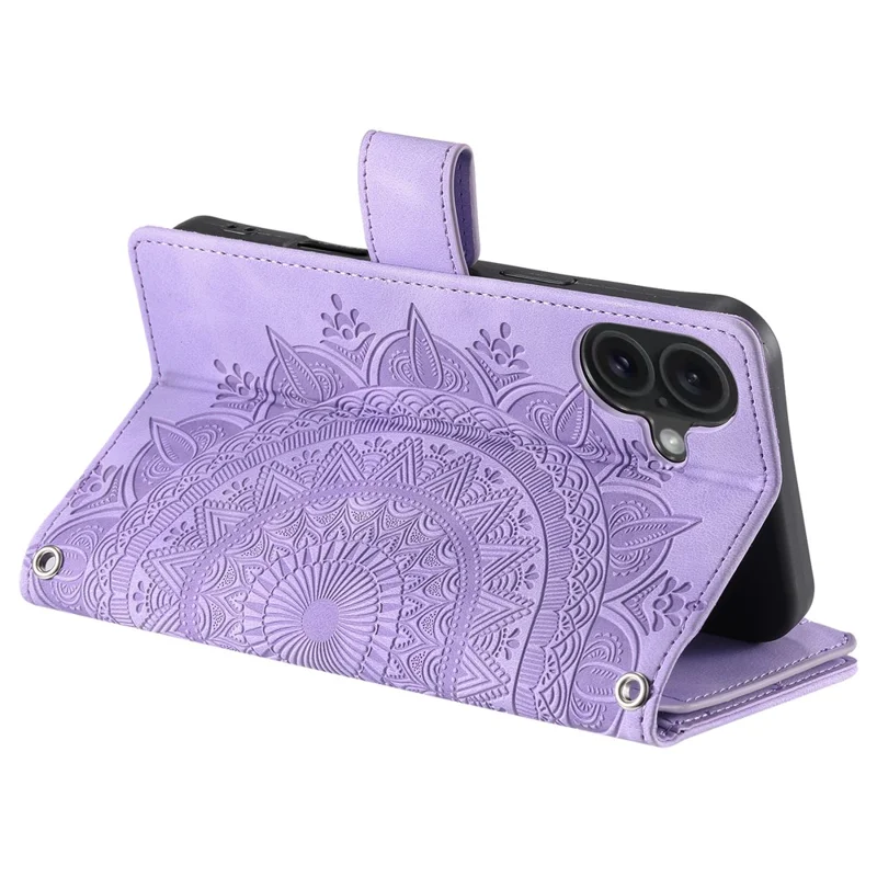 For iPhone 17 Wallet Case Mandala Flower Pattern PU Leather Phone Cover with Wrist Strap - Purple