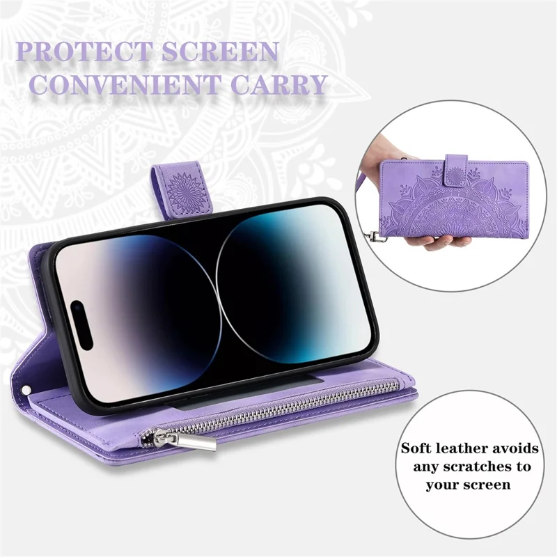 For iPhone 17 Wallet Case Mandala Flower Pattern PU Leather Phone Cover with Wrist Strap - Purple