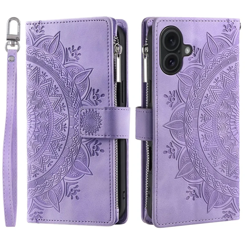 For iPhone 17 Wallet Case Mandala Flower Pattern PU Leather Phone Cover with Wrist Strap - Purple