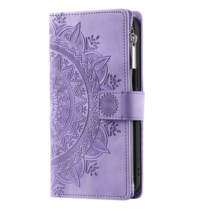 For iPhone 17 Wallet Case Mandala Flower Pattern PU Leather Phone Cover with Wrist Strap - Purple