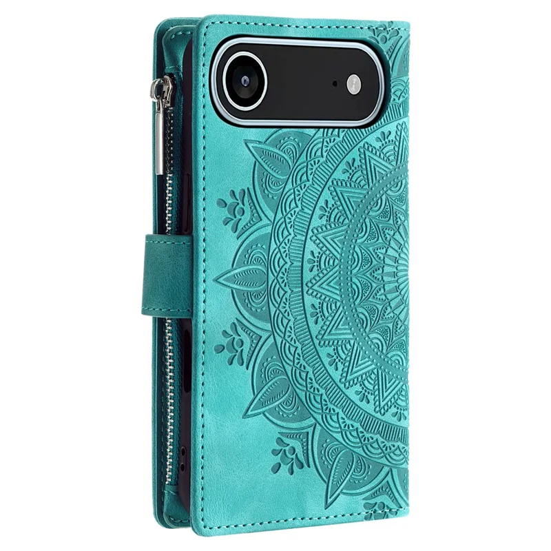 Capa Carteira de Ar para iPhone 17 com Padrão de Mandala Floral, Capa de Couro PU com Alça de Pulso - Verde Menta