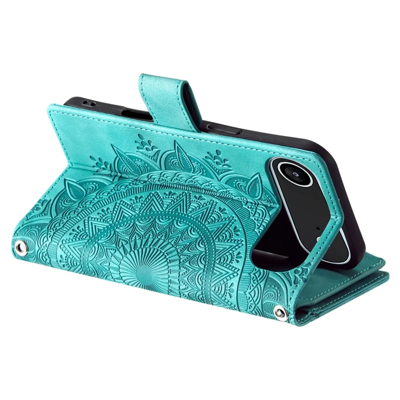 Capa Carteira de Ar para iPhone 17 com Padrão de Mandala Floral, Capa de Couro PU com Alça de Pulso - Verde Menta