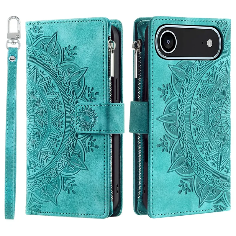 Capa Carteira de Ar para iPhone 17 com Padrão de Mandala Floral, Capa de Couro PU com Alça de Pulso - Verde Menta