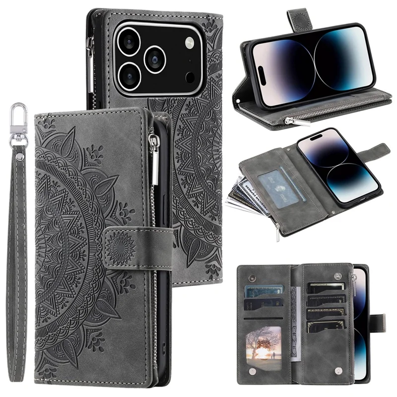 Custodia portafoglio per iPhone 17 Pro con motivo a fiore mandala, in pelle PU con cinturino da polso - Grigio