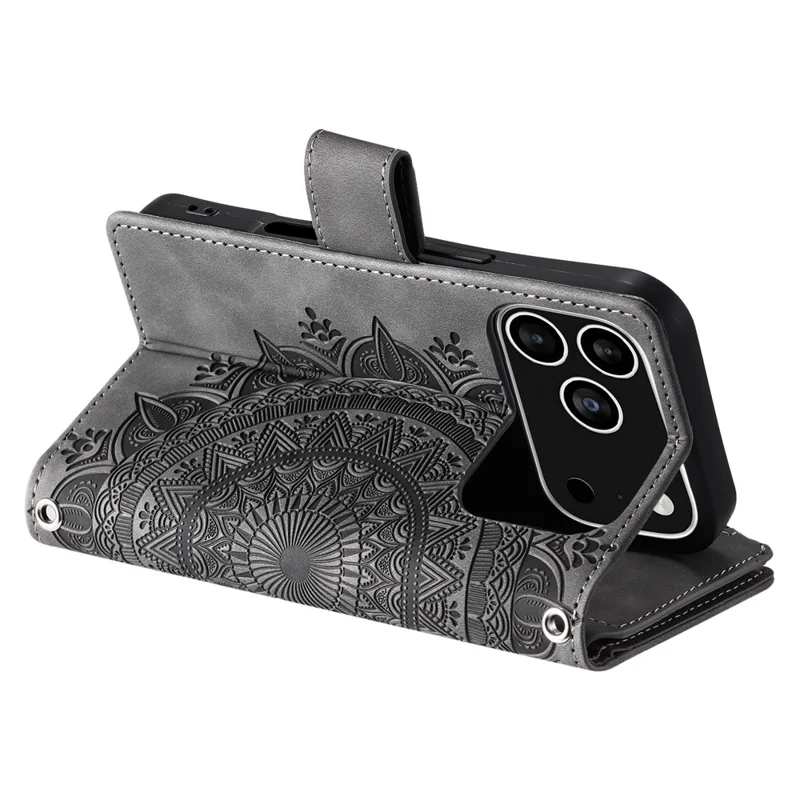 Custodia portafoglio per iPhone 17 Pro con motivo a fiore mandala, in pelle PU con cinturino da polso - Grigio