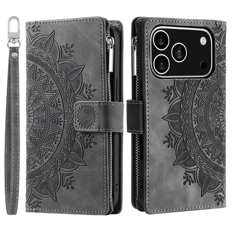 Custodia portafoglio per iPhone 17 Pro con motivo a fiore mandala, in pelle PU con cinturino da polso - Grigio