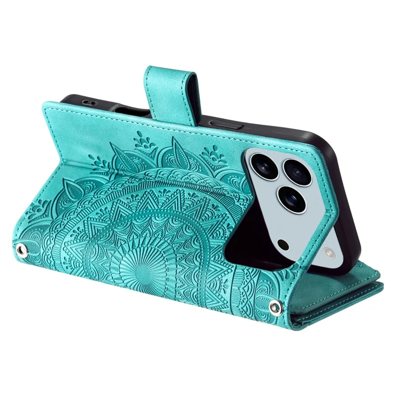Cover a portafoglio per iPhone 17 Pro Max con motivo Mandala floreale in pelle PU con cinturino da polso - Verde Menta