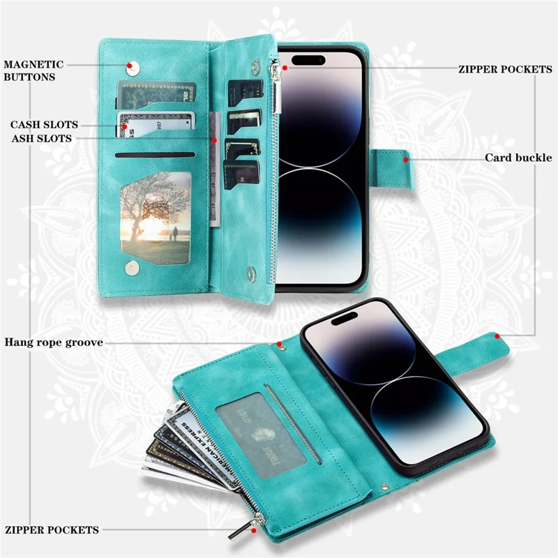 Cover a portafoglio per iPhone 17 Pro Max con motivo Mandala floreale in pelle PU con cinturino da polso - Verde Menta