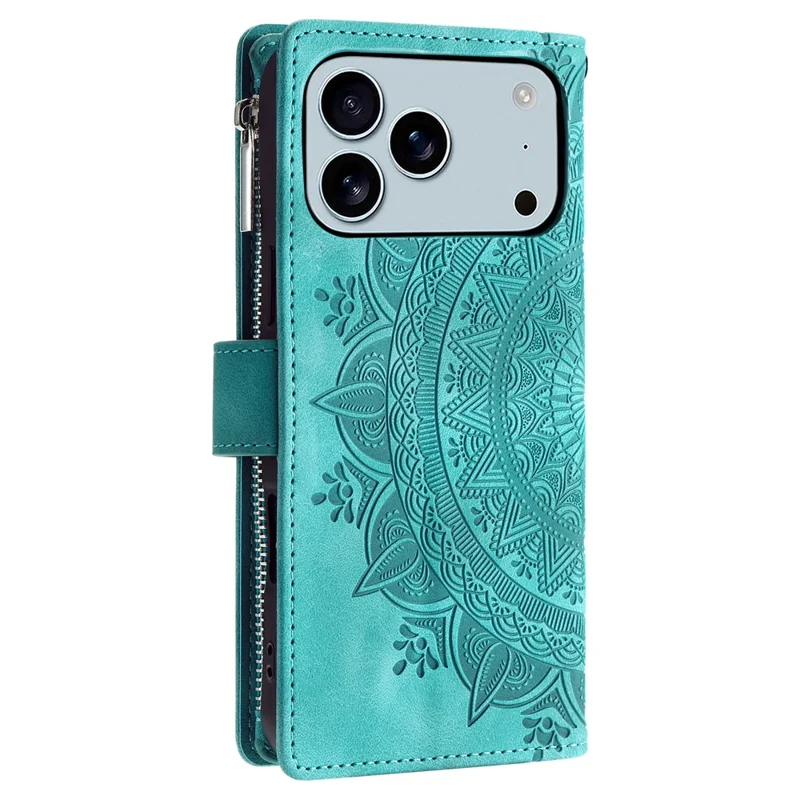 Cover a portafoglio per iPhone 17 Pro Max con motivo Mandala floreale in pelle PU con cinturino da polso - Verde Menta