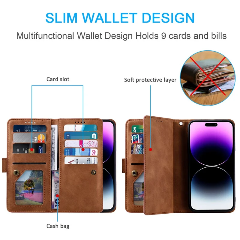 Custodia per iPhone 17 Pro con 9 Slot per Carte, Portafoglio con Cerniera in Pelle PU, Cinturino da Polso - Marrone